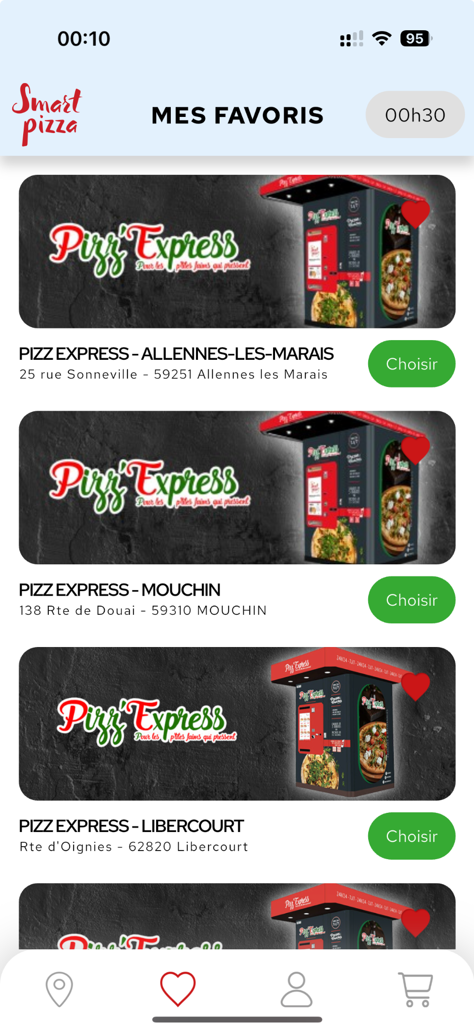 Aperçu de l’application SmartPizza avec les distributeurs Pizz’Express